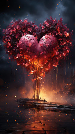 Valentine's day concept with heart shaped tree in dark forest.の素材