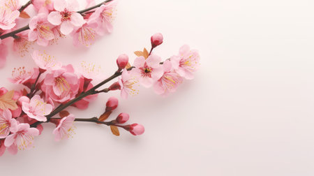 Cherry blossom branch on color background, flat lay. Space for textの素材