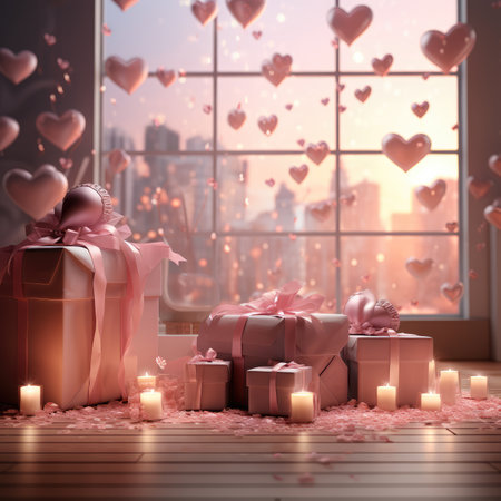 Beautiful gift box with flowers and candles on table against defocused lights.の素材