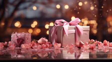 Gift box with pink hearts on a wooden background. Valentine's Day.の素材