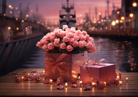 Gift box with pink roses on wooden table in front of night city.の素材