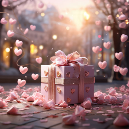 Valentine's day background with pink hearts and gift box.の素材