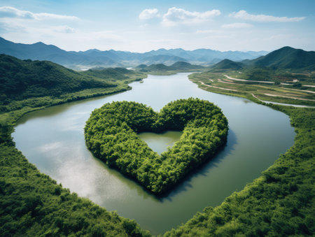 Heart shaped landscape with green mountain and blue sky background, Love conceptの素材