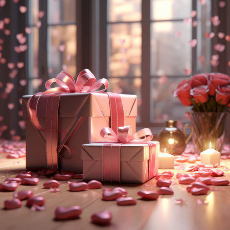 Valentines day background with roses and gift box on wooden tableの素材