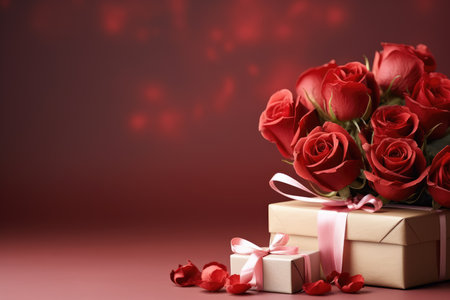 Red roses and gift box on red background, valentines day conceptの素材