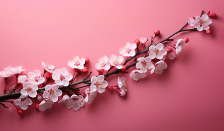 Beautiful blossoming branches on color background, top view. Space for textの素材