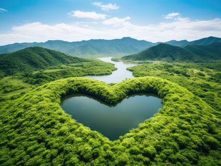 Heart shaped landscape with green mountain and blue sky background, Love conceptの素材