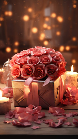 Gift box with roses and candles on wooden table, on light backgroundの素材
