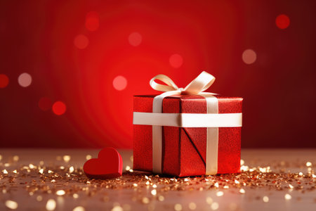 Valentine's day red background with gift boxes and hearts.の素材