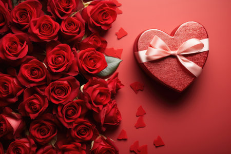 Red roses and gift box on red background, valentines day conceptの素材