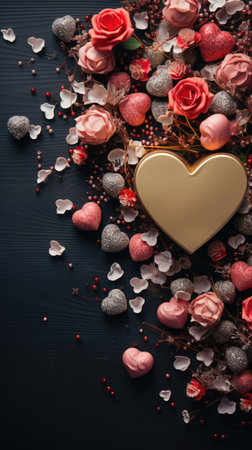 Red roses and gift box on red background, valentines day conceptの素材
