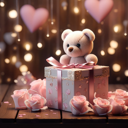 Teddy bear with gift box and rose on bokeh backgroundの素材