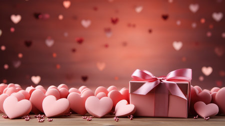 Valentine's day background with pink hearts and gift box.の素材