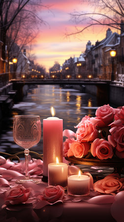 Romantic evening in Amsterdam with roses, wine glasses and candles.の素材
