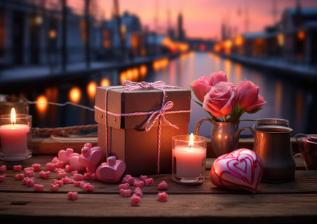 Romantic still life with gift box, roses, candle and hearts on wooden tableの素材