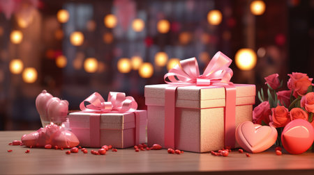 Valentines day background with roses and gift box on wooden tableの素材