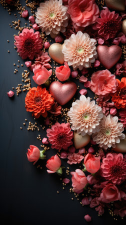 valentine's day background with heart-shaped candies and flowersの素材