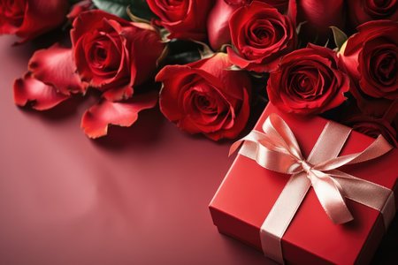 Red roses and gift box on red background, valentines day conceptの素材