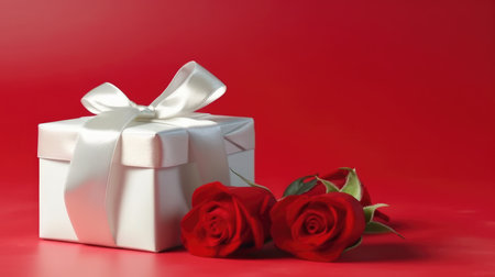 Valentine's day red background with gift boxes and rose.の素材
