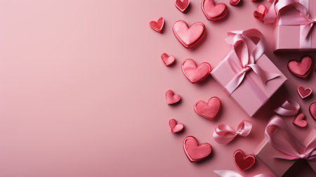 Gift box with red ribbon and hearts on a pink background.の素材