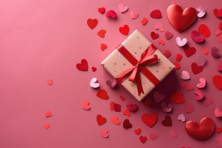 Gift box with red ribbon and hearts on a red background.の素材