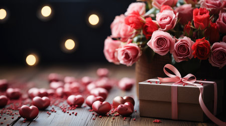 Valentine's day background with roses and gift box on wooden tableの素材