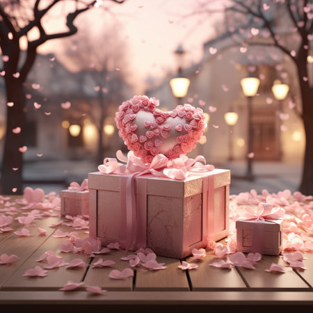 Valentine's day background with pink hearts and gift box.の素材