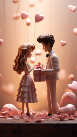 loving couple toys, against a yellow background with hearts.の素材