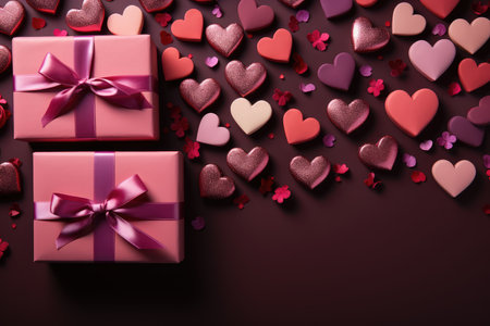 Gift box with red ribbon and hearts on a dark background.の素材