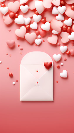 Valentine's day love letter with paper hearts on pink backgroundの素材