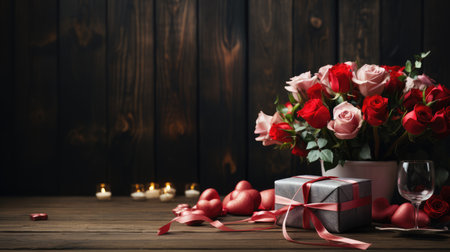 Valentine's day, wood background with roses and gift box on wooden tableの素材
