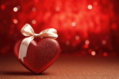 Red heart with white bow on red bokeh background. Valentines day cardの素材