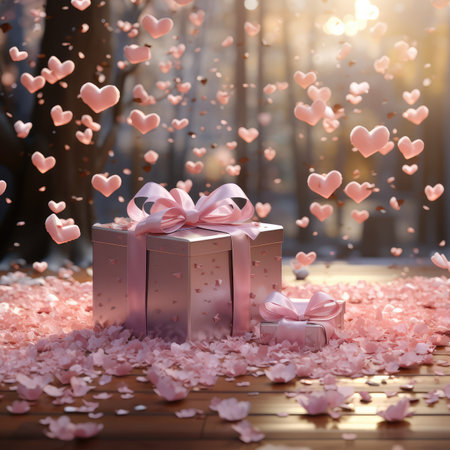 Gift box with pink hearts on a wooden background. Valentine's Day.の素材