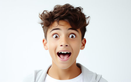 Child is Surprised and excited, opening eyes and mouth, Bright solid light color background.の素材