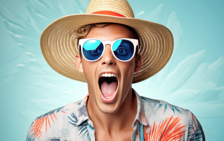 Young fashion handsome man is Surprised and excited in summer, Bright solid light color background.の素材