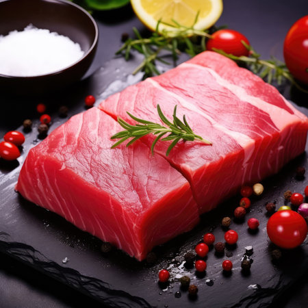 Raw tuna steak with herbs and spices on a black slate plate.の素材