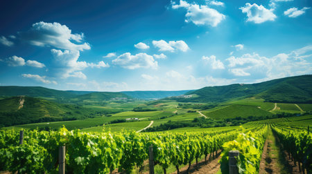 Landscape of vineyard in green hills and blue sky with clouds.の素材