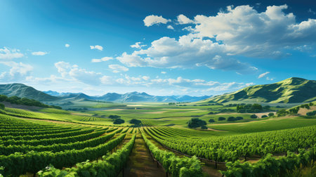 Landscape of vineyard in green hills and blue sky with clouds.の素材