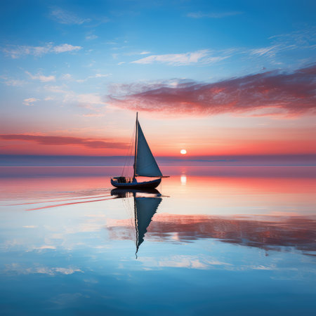 Sailing boat in the sea at sunset with reflection in water.の素材