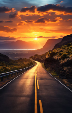 Road in the desert with orange sky and clouds at sunset, USA.の素材