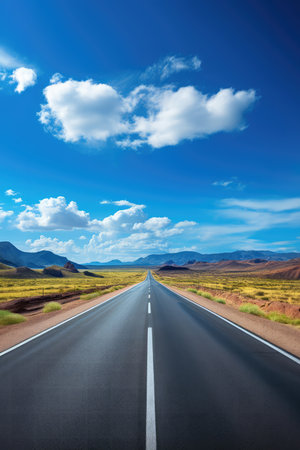 Road in the desert with blue sky and white clouds, USA.の素材