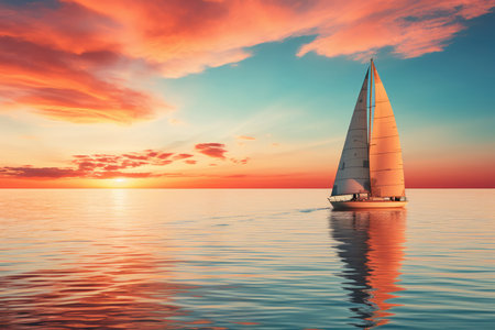Sailing yacht in the sea at sunset.の素材