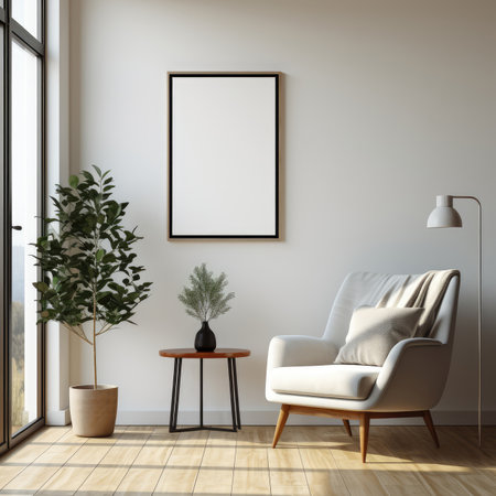 Interior of living room with white walls, tiled floor, comfortable white armchair standing near round coffee table and vertical mock up poster frame.の素材