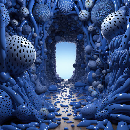 3D illustration of an abstract tunnel with blue spheres in it.の素材