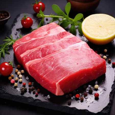 Raw tuna steak with herbs and spices on a black slate plate.の素材