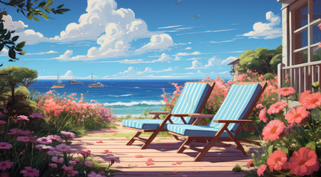 Two deck chairs on the terrace overlooking the sea.の素材
