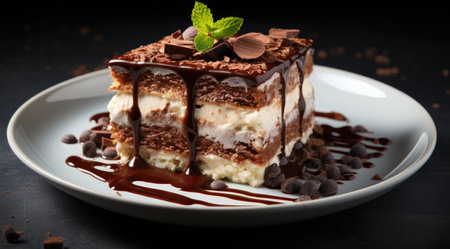 Piece of tiramisu cake with chocolate and mint on dark backgroundの素材
