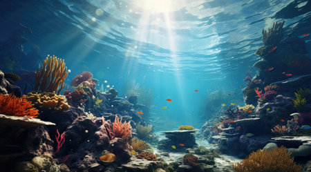 Underwater landscape with corals and tropical fish. 3D illustration.の素材