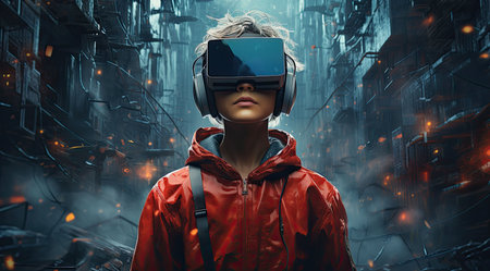 Person wearing VR in the future , cityscape, dark teal and crimson, cypherpunk.の素材