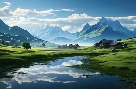 Landscape wallpaper with river, mountain and grass.の素材